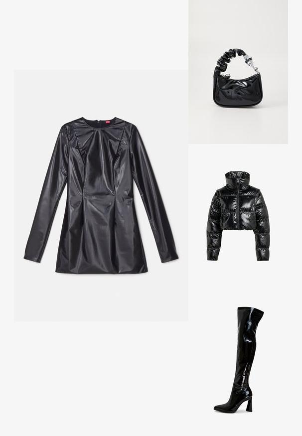 Schwarze, verkürzte Daunenjacke aus glänzendem, glattem Material. Sie hat einen hohen Kragen und einen Reißverschluss vorne, sowie gerippte Bündchen und ein gepolstertes Design.; 032c TRAPEZE TOO TIGHT MINI DRESS - Cocktailkleid/festliches Kleid - black luster; Schwarze Overknee-Stiefel aus lackiertem Leder mit spitz zulaufender Zehenpartie, quadratischem Blockabsatz und glatter, glänzender Oberfläche. Ohne sichtbare Beschläge.; Handtasche aus schwarzem lackiertem Material mit gerafftem Henkel, silbernem Beschlag, runder Form, Reißverschluss und glatter, glänzender Oberfläche.