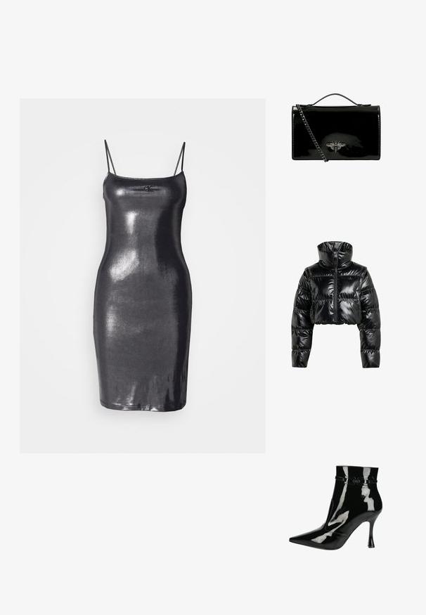 Sort, cropperet pufferjakke lavet af skinnende, glat materiale. Har en høj krave og en frontal lynlås, med ribbede manchetter og en polstret design.; Sort, ærmeløs bodycon kjole lavet af skinnende, reflekterende materiale. Den har tynde stropper og en lige kant. Logo-detalje på fronten.; Sorte patentlæder ankelstøvler med spids tå, blank finish, strømlinet design og en smal stilettohæl. Dekorative stropper som detalje.; Sort lakeret håndtaske med kædesti, der har et dekorativt metalbi-emblem på fronten. Rektangulær form med blank overflade.