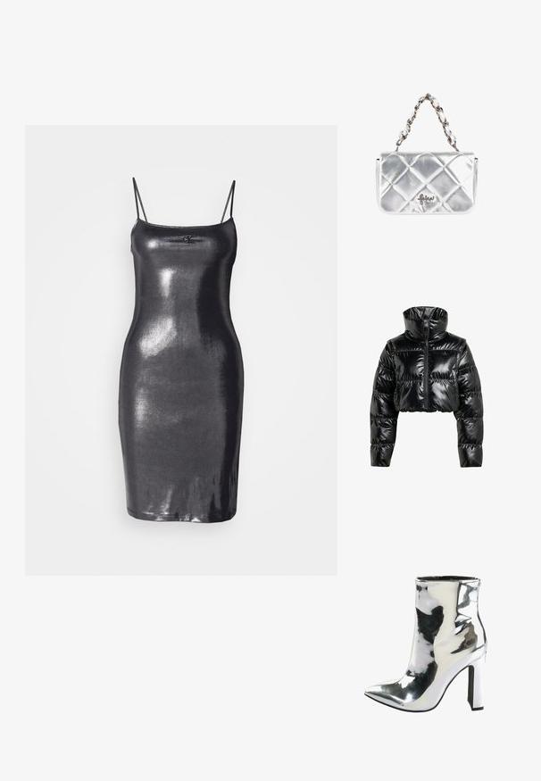 Sort, cropperet pufferjakke lavet af skinnende, glat materiale. Har en høj krave og en frontal lynlås, med ribbede manchetter og en polstret design.; Sort, ærmeløs bodycon kjole lavet af skinnende, reflekterende materiale. Den har tynde stropper og en lige kant. Logo-detalje på fronten.; Sølv patentlæder ankelstøvle med spids tå, chunky højt hæl og lynlås i siden, med en glat, blank overflade.; Pudem af quiltet sølv faux læder taske med kædestrop, der har et logo og en rektangulær form. Glat tekstur med diamantmønster detaljer.