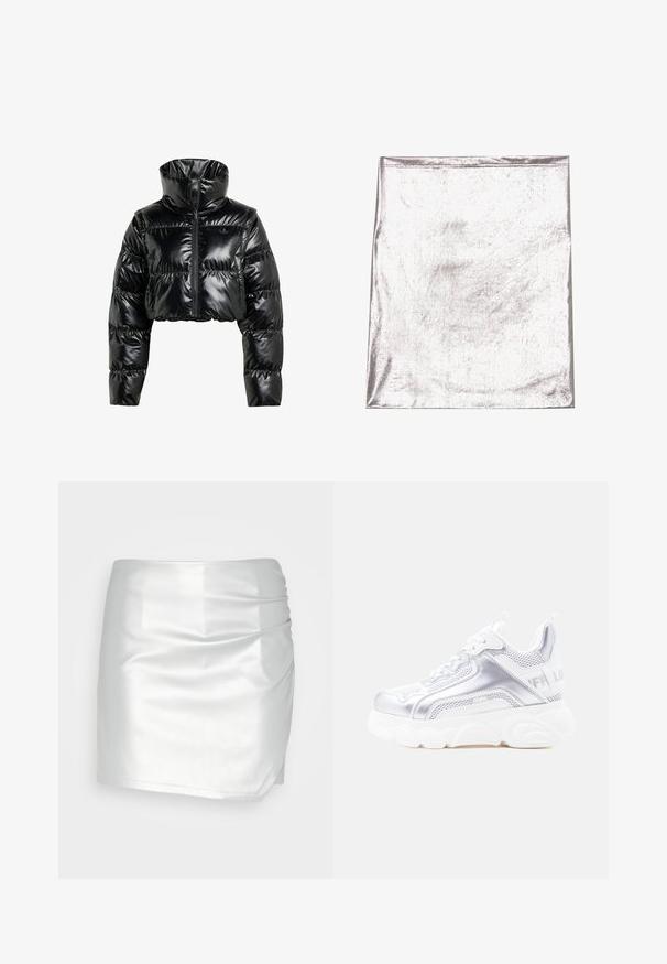 Sort, cropperet pufferjakke lavet af skinnende, glat materiale. Har en høj krave og en frontal lynlås, med ribbede manchetter og en polstret design.; Metallic sølv stof med en glat tekstur og let glans. Rektangulær form, kanter pænt syet, ingen fremtrædende mønstre eller detaljer.; Even&Odd Shorts - silver; Hvid og sølvfarvet chunky sneaker med tyk, struktureret sål, mesh- og syntetiske paneler, rundet tå og trækflig på hælen.