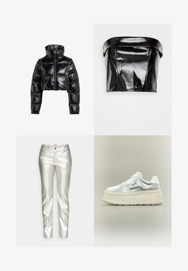 Sort, cropperet pufferjakke lavet af skinnende, glat materiale. Har en høj krave og en frontal lynlås, med ribbede manchetter og en polstret design.; Gina Tricot TUBE - Top - black; ONLY ONLJACI LILO - Bukser - silver; Kraftig platform-sneaker med metallic sølv overdel, hvide snørebånd og tyk cremefarvet tekstureret sål, vist i sideprofil på neutral baggrund.