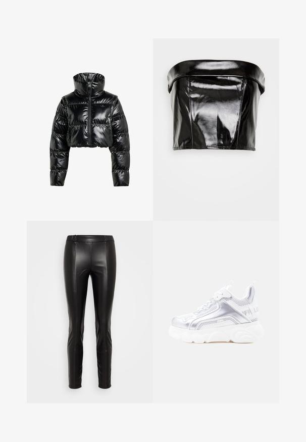 Sort, cropperet pufferjakke lavet af skinnende, glat materiale. Har en høj krave og en frontal lynlås, med ribbede manchetter og en polstret design.; Gina Tricot TUBE - Top - black; Sorte leggings i imiteret læder med elastisk talje, tætsiddende silhuet, glat tekstur og sømdetaljer, der løber ned foran.; Hvid og sølvfarvet chunky sneaker med tyk, struktureret sål, mesh- og syntetiske paneler, rundet tå og trækflig på hælen.
