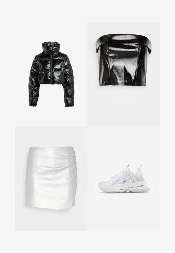 Sort, cropperet pufferjakke lavet af skinnende, glat materiale. Har en høj krave og en frontal lynlås, med ribbede manchetter og en polstret design.; Gina Tricot TUBE - Top - black; Even&Odd by Zalando Shorts - silver; Hvide sneakers med en kraftig sål, lagdelt mesh og syntetisk overdel, med mønstrede detaljer, snøresystem og hæl-dragtag.