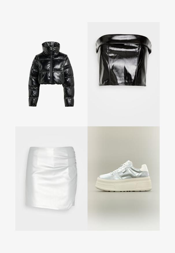 Sort, cropperet pufferjakke lavet af skinnende, glat materiale. Har en høj krave og en frontal lynlås, med ribbede manchetter og en polstret design.; Gina Tricot TUBE - Top - black; Even&Odd by Zalando Shorts - silver; Kraftig platform-sneaker med metallic sølv overdel, hvide snørebånd og tyk cremefarvet tekstureret sål, vist i sideprofil på neutral baggrund.