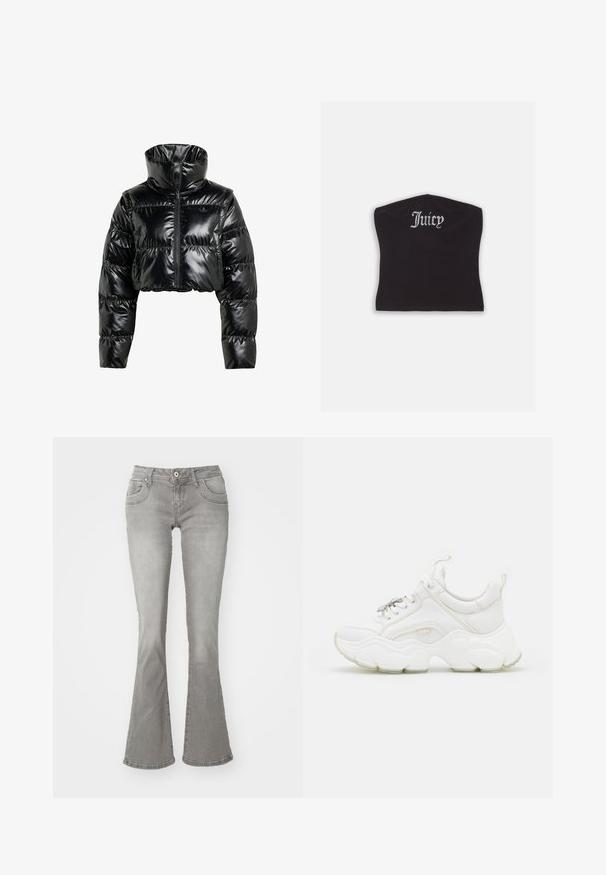 Zwarte cropped pufferjack gemaakt van glanzend, glad materiaal. Heeft een hoge kraag en een rits aan de voorkant, met ribgebreide manchetten en een gewatteerd ontwerp.; Zwarte fitted crop top met een gladde textuur en een ronde halslijn, versierd met strasstenen letters die "Juicy" op de voorkant spellen.; Grijze flared jeans met een middelhoge taille, voorkzakken en een knoopsluiting, gemaakt van denim stof met een gladde structuur.; Witte chunky sneakers van leer en mesh-materialen, met een dikke zool, ronde neus en decoratieve veters. Licht gemêleerde accenten.