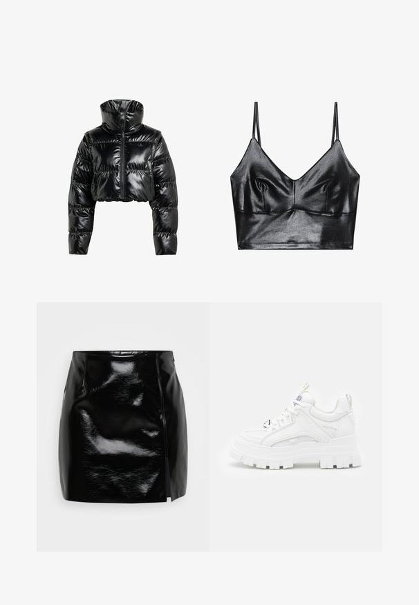 Schwarze, verkürzte Daunenjacke aus glänzendem, glattem Material. Sie hat einen hohen Kragen und einen Reißverschluss vorne, sowie gerippte Bündchen und ein gepolstertes Design.; Schwarzer, glänzender Bralette mit dünnen verstellbaren Trägern, V-Ausschnitt, glatter Textur und dezentem Gather an der Brust für eine schöne Form.; Schwarzer Minirock aus glänzendem Material. Verfügt über einen seitlichen Reißverschluss und einen Schlitz auf der rechten Seite für zusätzlichen Detail- und Designanspruch. Glatte Textur.; Weiße klobige Sneakers mit einer strukturierten Oberseite, gepolstertem Schaft und dicker, gerippter Sohle. Verfügt über kontrastierende schwarze Schnürsenkel und Branding-Details.