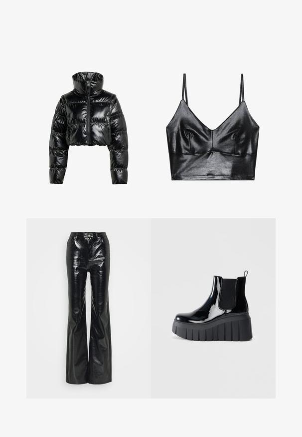 Sort, cropperet pufferjakke lavet af skinnende, glat materiale. Har en høj krave og en frontal lynlås, med ribbede manchetter og en polstret design.; Sorte, skinnende bralette med tynde justerbare stropper, der har en V-udskæring, glat tekstur og subtil samling ved brystet for form.; Sorte faux læder flare bukser med en blank finish, der har en høj talje, forlommer og sølvfarvede hardware-detaljer.; Sort lakeret ankelsko med elastiske sidepaneler, chunky platformsål og en løkke til at trække i bagpå. Glat tekstur og slankt design.
