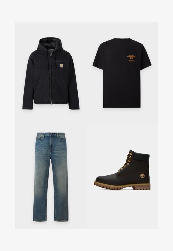 Sort hættejakke lavet af denim med lynlås foran, store forlommer og et lille logopatch på venstre bryst. Quiltet for.; Sort T-shirt med korte ærmer med lille brun tekst "Carhartt WIP Coffee" på venstre bryst.; Blå jeans med lige ben, falmet vask, frontknap og lynlås samt klassisk fem-lomme-design.; Sorte læder ankelstøvle med gyldne øjer, brune detaljer og gummisål. Har en polstret krave og præget logo på siden.