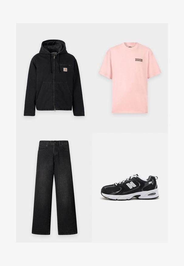 Veste noire à capuche en denim, dotée d'une fermeture éclair frontale, de grandes poches avant et d'un petit patch logo sur le côté gauche de la poitrine. Doublure matelassée.; T-shirt rose clair à manches courtes avec col rond et petit logo noir "Dickies" sur le côté gauche de la poitrine.; Jean large en denim noir avec taille haute, design à cinq poches et fermeture frontale par un seul bouton. Texture lisse avec un minimum de détails.; Baskets de sport noires et grises avec un tige en mesh et en suède, présentant une semelle intermédiaire blanche, des lacets et un logo "N" audacieux sur le côté.