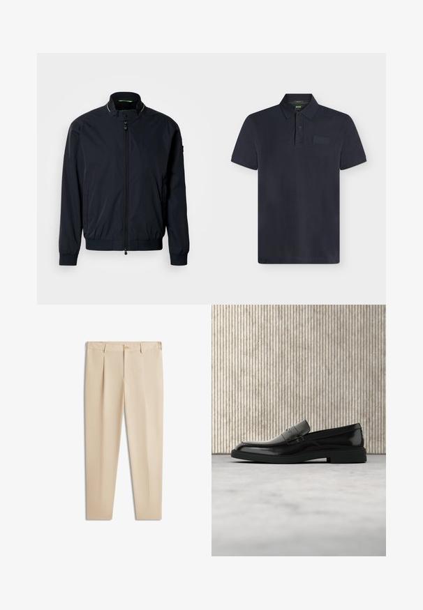 Veste aviateur marine, matériau léger, poignets et ourlet côtelés, col montant, deux poches latérales et fermeture éclair sur le devant. Design minimaliste.; Polo noir à manches courtes avec un col côtelé, une patte à deux boutons et un logo embossé discret sur la poitrine gauche.; Pantalon habillé plissé pour homme en beige avec fermeture à boutons, passants pour ceinture et coupe ajustée.; Mocassin en cuir noir poli flottant au-dessus d'un tapis beige avec un mobilier translucide orange en arrière-plan.