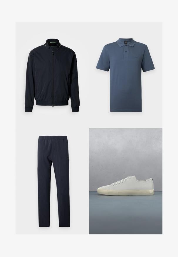 Veste aviateur marine, matériau léger, poignets et ourlet côtelés, col montant, deux poches latérales et fermeture éclair sur le devant. Design minimaliste.; Polo bleu foncé en coton doux, avec un col classique, une patte à deux boutons, des manches courtes et un logo brodé sur la poitrine.; Pantalon bleu marine à jambe droite avec taille élastique et texture subtile à rayures verticales, adapté pour une tenue décontractée ou professionnelle.; Baskets en cuir blanc avec lacets flottant au-dessus de carreaux en bois carrés et de petits cailloux, avec un arbre et un fond gris.