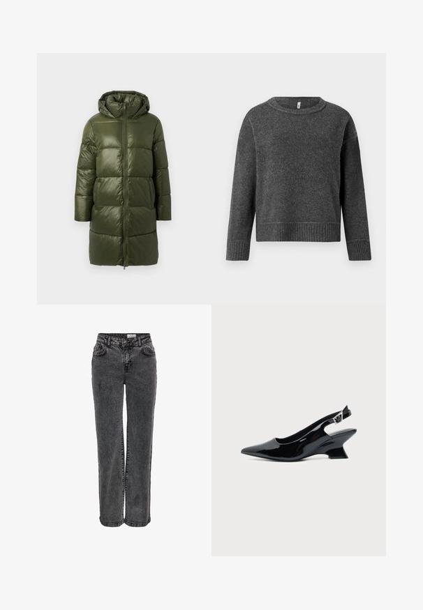 Dunkelgrüne, gepolsterte Parkajacke mit Kapuze, vorderem Reißverschluss, langen Ärmeln und strukturierter, glänzender Oberfläche.; Dunkelgrauer Strickpullover mit Rundhalsausschnitt und langen Ärmeln. Verfügt über gerippte Bündchen und einen Saum, gefertigt aus weichem, strukturiertem Stoff.; Schwarze Jeans aus Denim mit einem geraden Bein Design, inklusive Fronttaschen, Gürtelschlaufen und einer dezenten, ausgewaschenen Textur.; Schwarzer Slingback-Schuh aus Lackleder mit spitzer Spitze und niedrigem, schrägem Blockabsatz auf einfachem hellem Hintergrund.