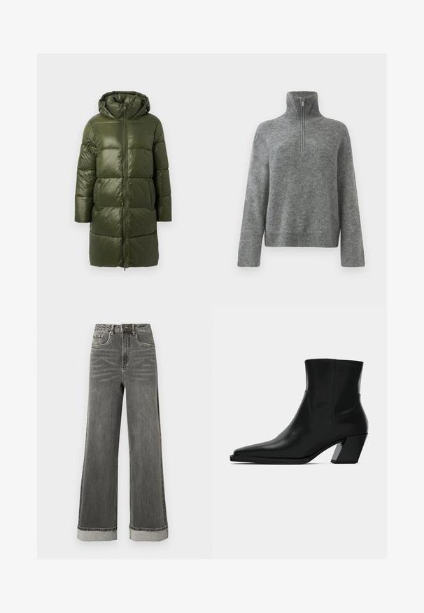 Dunkelgrüne, gepolsterte Parkajacke mit Kapuze, vorderem Reißverschluss, langen Ärmeln und strukturierter, glänzender Oberfläche.; Grauer Strickpullover mit hohem Kragen und einem Viertelreißverschluss vorne. Verfügt über gerippte Bündchen und Saum und präsentiert eine glatte, weiche Textur.; Graue Jeans mit weitem Bein, hoher Taille, fünf Taschen und umgeschlagenen Säumen. Der Stoff hat eine leicht abgenutzte Textur mit sichtbaren Nähten.; Schwarze Leder-Stiefelette mit spitzem Zeh, schlanker Silhouette und klobigem quadratischem Absatz. Glatte Textur mit minimalen Nähdetails.