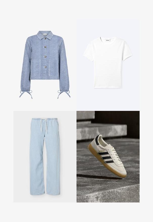Prúžkovaná modro-biela skrátená bunda s gombíkovým zapínaním vpredu, dlhými rukávmi so zberanými manžetami, dvoma prednými vreckami a klasickým golierom.; Jednofarebné biele tričko s krátkym rukávom a okrúhlym výstrihom, s malou štítkou "WEEKDAY" vo vnútri výstrihu, zobrazené na svetlom pozadí, položené na rovnej ploche.; Svetlomodré a biele vertikálne pruhované voľné nohavice s elastickým pásom a bielym sťahovacím šnúrkou na jednofarebnom pozadí.; Biela teniska Adidas Spezial s čiernymi pásikmi a gumovou podrážkou vznášajúca sa nad sivými kamennými schodmi vonku.