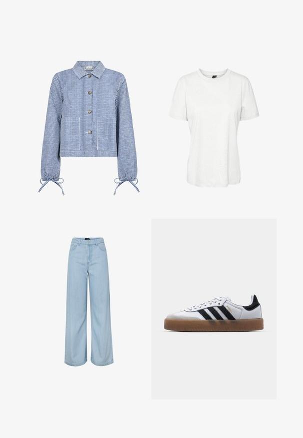 Gestreepte blauwe en witte cropped jas met een knoopsluiting aan de voorkant, lange mouwen met gathered cuffs, twee voorzakken en een klassieke kraag.; Witte korte mouw t-shirt van katoen met een ronde hals en een relaxte pasvorm. Gladde textuur en geen zichtbare patronen of versieringen.; Lichtblauwe, hooggetailleerde, wijde jeans met voorzakken, riemlussen en een knoopsluiting van het merk Pieces.; Witte leren sneakers met zwarte strepen, gumrubberen buitenzool, ronde neus, vetersluiting en een zachte grijze suède neuskap.