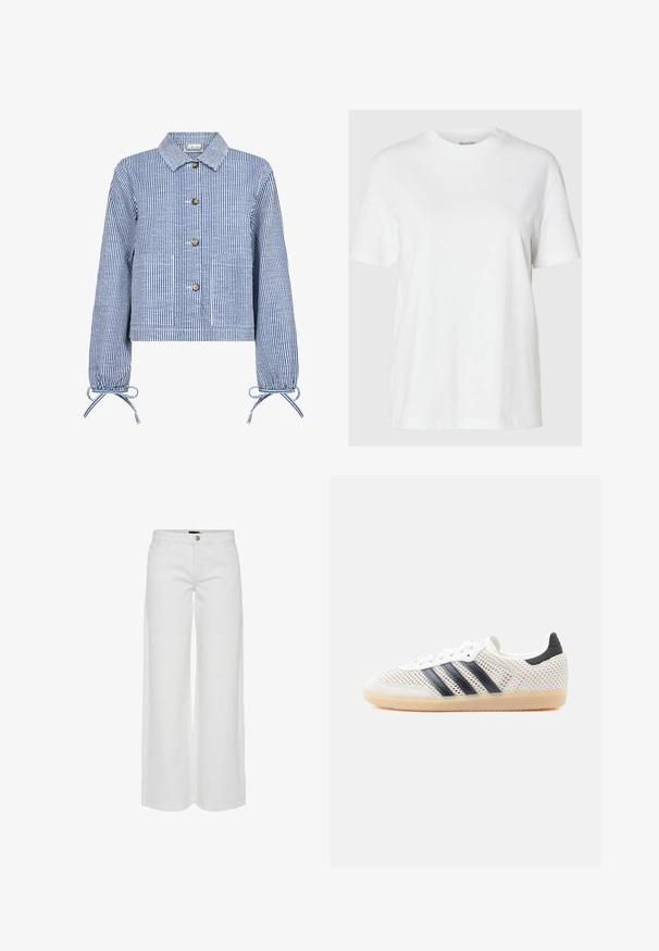 Stribet blå og hvid cropped jakke med knaplukning foran, lange ærmer med indsamlede manchetter, to forlommer og en klassisk krave.; Hvid bomuld t-shirt med korte ærmer og rund halsudskæring. Har en afslappet pasform og et minimalistisk design uden mønstre eller accenter.; Hvide bukser med vide ben, frontknap og lynlås, bæltestropper og forlommer mod en ensfarvet hvid baggrund.; Hvide mesh-sneakers med sort tre-stribet design, rundet tå og gummisål. Har blød hælkant og snørelukning.
