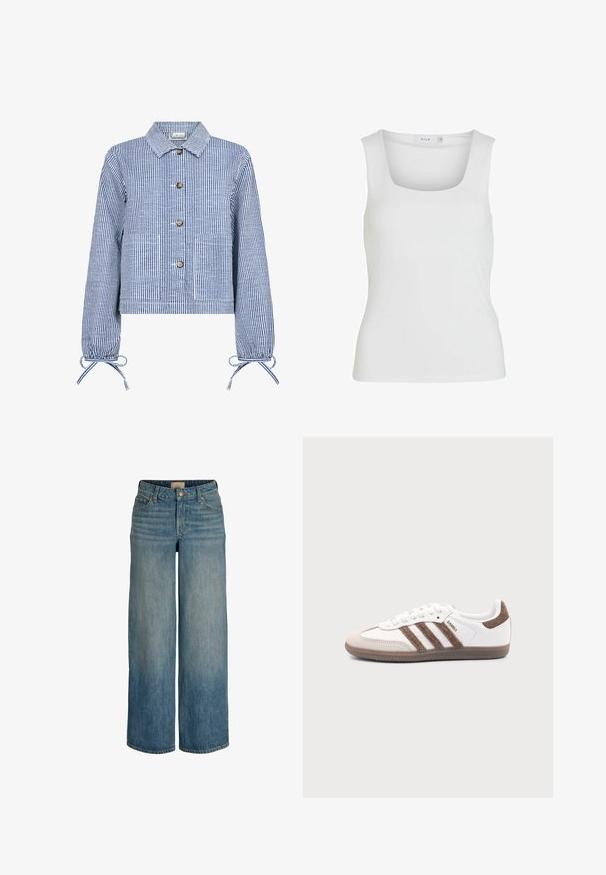 Gestreepte blauwe en witte cropped jas met een knoopsluiting aan de voorkant, lange mouwen met gathered cuffs, twee voorzakken en een klassieke kraag.; Witte mouwloze tanktop met een vierkante halslijn, een gladde textuur en een nauwsluitend ontwerp. Gemaakt van lichtgewicht stof.; Blauwe high-waist wijde jeans met knoop- en ritssluiting aan de voorkant, riemlussen en vijf zakken, weergegeven op een witte achtergrond.; Witte Adidas Samba sneaker met bruine suède strepen, bruine rubberen zool en beige suède neuskap, getoond vanaf de buitenkant op een effen achtergrond.