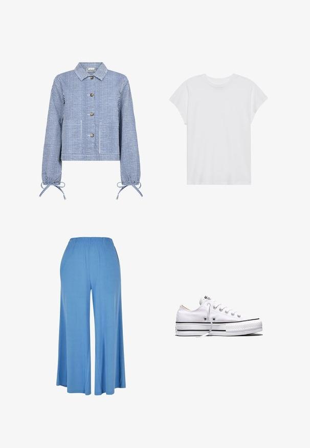 Chaqueta corta a rayas azul y blanca con cierre de botones en la parte delantera, mangas largas con puños fruncidos, dos bolsillos frontales y un cuello clásico.; Camiseta blanca de manga corta con cuello redondo, corte relajado, hecha de suave tela de algodón. Textura lisa, sin estampados ni logotipos.; Pantalones de pierna ancha en azul claro, confeccionados con tela suave, que cuentan con una cinturilla elástica y un corte holgado que llega hasta la mitad de la pantorrilla.; Zapatilla baja de lona blanca con cordones blancos, rayas negras en la suela y puntera de goma texturizada, vista lateral sobre fondo blanco.