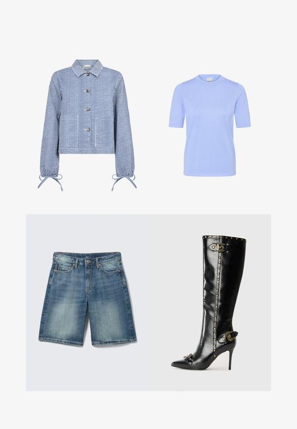 Stribet blå og hvid cropped jakke med knaplukning foran, lange ærmer med indsamlede manchetter, to forlommer og en klassisk krave.; Lyseblå kortærmet fitted t-shirt med rund hals lavet af ribstrikket stof, vist på en hvid baggrund.; Blå denimshorts med falmede detaljer, frontknap, lynlås, bæltestropper og fem-lommer design.; Sorte læder højhælede støvler med spids tå, guldfarvede nitter langs skaftet, metalspænde detalje og dekorativt element ved hælen.