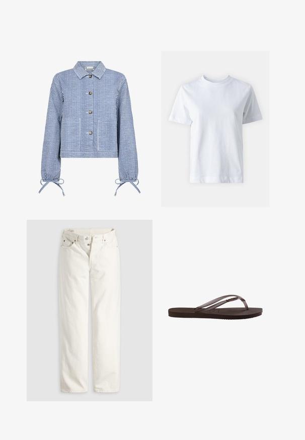 Stribet blå og hvid cropped jakke med knaplukning foran, lange ærmer med indsamlede manchetter, to forlommer og en klassisk krave.; Hvid bomulds t-shirt med rund halsudskæring, korte ærmer, lige snit og glat tekstur. Ingen mønstre eller dekorationer.; Hvide jeans med høj talje, lige ben, knaplukning, lommer foran og bagpå samt synlige kobbernitter i lommekanterne.; Brun gummiflips med tekstureret sål og tynde remme med lille dekorativt metal-detalje på siden.
