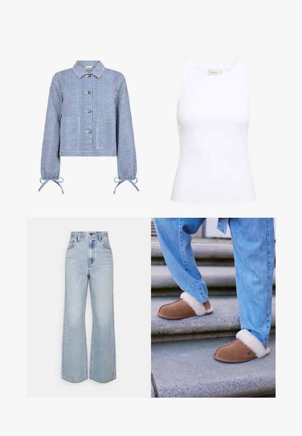 Gestreepte blauwe en witte cropped jas met een knoopsluiting aan de voorkant, lange mouwen met gathered cuffs, twee voorzakken en een klassieke kraag.; Witte geribde tanktop met een ronde halslijn en zonder mouwen. Rekbaar materiaal en een aansluitend ontwerp. Het label op de achterkant zegt "GESTUZ."; Lichtblauwe denim broek met wijde pijpen, hoge taille, klassiek vijfzakkenontwerp en contrasterende stiksels. Rauwe zoom aan de onderkant.; Bruine suede pantoffels met witte faux bont voering, ronde neus en rubberen zool, gecombineerd met een blauwe spijkerbroek op granieten trappen.