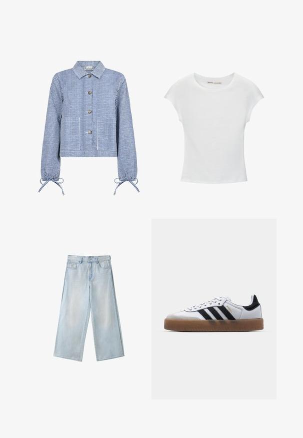 Stribet blå og hvid cropped jakke med knaplukning foran, lange ærmer med indsamlede manchetter, to forlommer og en klassisk krave.; Hvid bomuld t-shirt med korte, opsmøgede ærmer, rund halsudskæring og lige kant. Glat tekstur uden synlige mønstre eller detaljer.; Lyseblå løstsiddende denimjeans med forlommer, bæltestropper og knaplukning vist fladt på en hvid baggrund.; Hvide lædersneakers med sorte striber, gummirubber sål, rund tå, snørelukning og blød grå ruskinds tåhætte.