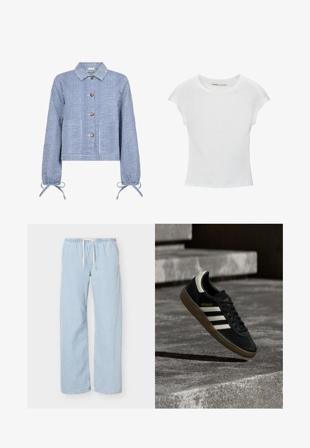 Gestreepte blauwe en witte cropped jas met een knoopsluiting aan de voorkant, lange mouwen met gathered cuffs, twee voorzakken en een klassieke kraag.; Witte katoenen T-shirt met korte, opgerolde mouwen, een ronde halslijn en een rechte zoom. Gladde textuur zonder zichtbare patronen of accenten.; Lichtblauwe en witte verticale gestreepte losse broek met elastische tailleband en wit trekkoord op een effen achtergrond.; Zwarte Adidas sneaker met witte strepen en gumzool die boven grijze betonnen trappen zweeft in natuurlijk licht.