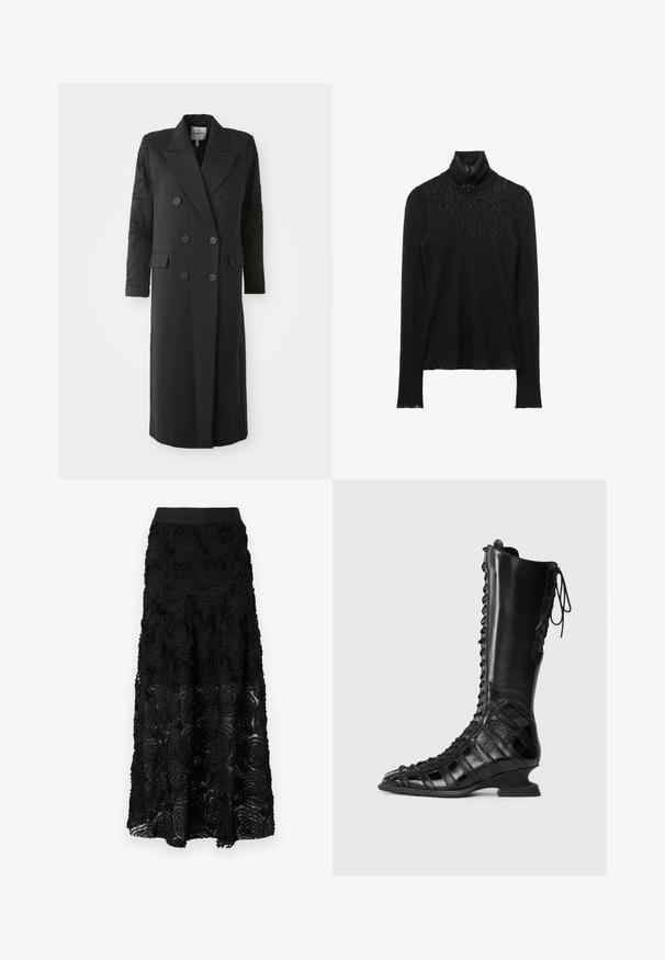Manteau noir croisé avec un col prononcé, six boutons et des détails perlés sur les manches. Tissu lisse avec une coupe cintrée et une longueur longue.; Haut noir à manches longues à col roulé en tissu dentelle avec une silhouette ajustée sur fond blanc.; Maje JOSINO - Jupe longue - noir; Botte noire jusqu'au genou avec un laçage sur le devant, fabriquée en cuir lisse et texturé, dotée d'un talon sculpté et d'un design de panneaux géométriques.