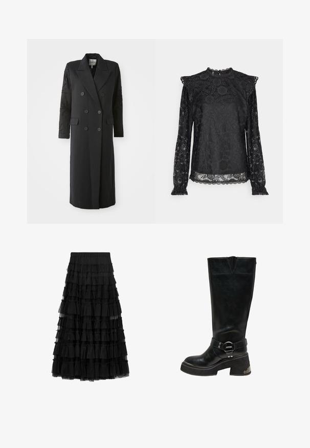 Manteau noir croisé avec un col prononcé, six boutons et des détails perlés sur les manches. Tissu lisse avec une coupe cintrée et une longueur longue.; PIECES Tall PCOLLINE - Blouse - black; Jupe noire à volants en tulle avec plusieurs couches froncées et une ceinture élastique, présentant une texture transparente et une longueur jusqu'aux genoux.; Botte en cuir noire montante jusqu'au genou avec talon bloc épais, détail d'anneau argenté sur la sangle de cheville et accent métallique sur le côté du talon.