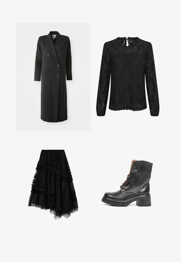 Manteau noir croisé avec un col prononcé, six boutons et des détails perlés sur les manches. Tissu lisse avec une coupe cintrée et une longueur longue.; Blouse en dentelle noire à manches longues avec un col rond, un ourlet festonné et un dos avec un détail en clé. Motif floral délicat sur l'ensemble.; Jupe noire asymétrique à plusieurs couches avec des détails en dentelle et volants, composée de panneaux de tissu transparent et opaque.; Bottine en cuir noir avec talon épais, lacets à l'avant, fermeture éclair latérale et un patch rectangulaire cousu près du haut.