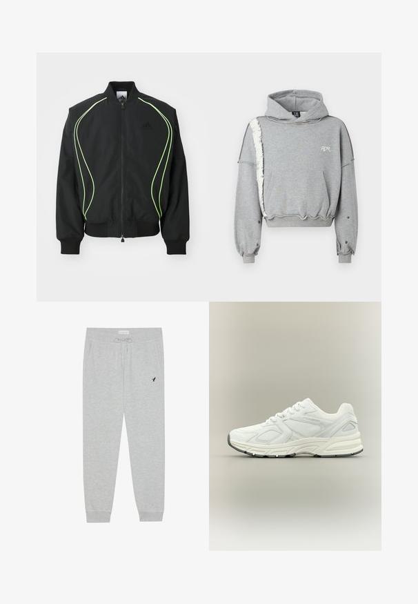Zwarte bomberjack met neon groene piping, ribgebreide manchetten en kraag. Voorzien van een rits aan de voorkant en een zijzak met rits. Gemaakt van lichtgewicht materiaal.; Lichtgrijze cropped hoodie van een katoenmix, met een trekkoord bij de capuchon, een voorkantzak en een rafelige linkerkantnaad met ribgebreide manchetten.; Pier One Trainingsbroek - hellgrau; Witte sportieve sneaker met mesh en synthetische overlays, vetersluiting, dikke gewatteerde zool en subtiele branding op het zijpaneel.
