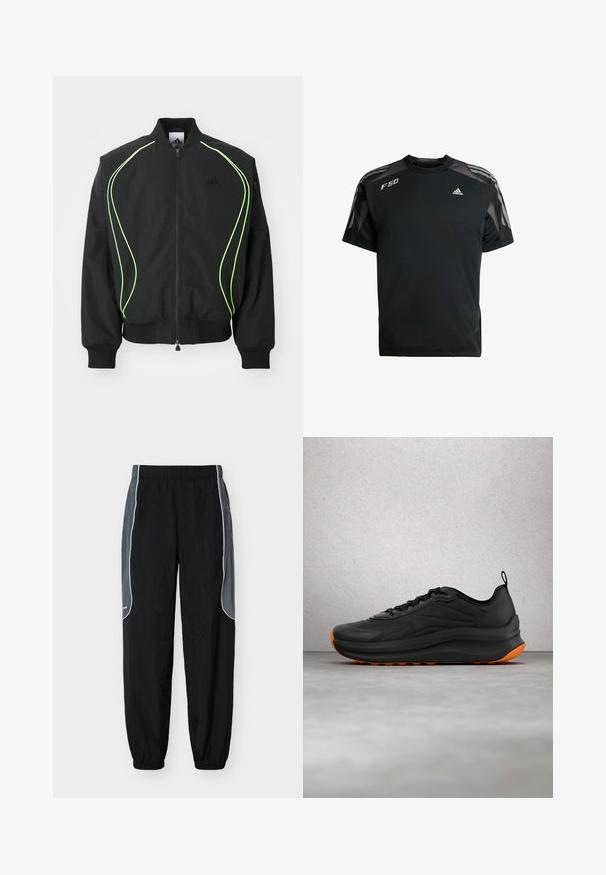 Sort bomberjakke med neongrønne detaljer, ribbede manchetter og krave. Har lynlås foran og sidelomme med lynlås. Lavet af letvægtsmateriale.; Sort atletisk T-shirt lavet af letvægtsstof, med mesh skulderpaneler, korte ærmer og hvide adidas og F50 logoer.; Sorte træningsbukser med mørkegrå sidelommer og hvid piping, elastisk talje og benafslutninger, vist mod en hvid baggrund.; Sort atletiksneaker med orange detaljer, der svæver over en poleret grå gulv i et moderne indendørs miljø med glasblokke.