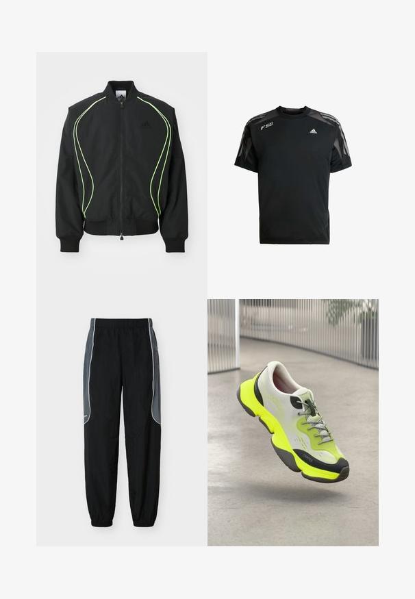 Schwarze Bomberjacke mit neongrüner Paspelierung, gerippten Bündchen und Kragen. Verfügt über einen Reißverschluss vorne und eine seitliche Reißverschlusstasche. Hergestellt aus leichtem Material.; Schwarzes Sport-T-Shirt aus leichtem Material, mit Netzschulterpaneelen, kurzen Ärmeln und weißen adidas- sowie F50-Logos.; Schwarze Jogginghosen mit dunkelgrauen Seitenpaneelen und weißer Paspelierung, elastischem Bund und Bündchen, vor weißem Hintergrund gezeigt.; Weißer und neongelber Sportschuh mit grauen Schnürsenkeln, der über einem polierten Betonboden in einer modernen, metallischen Innenumgebung schwebt.