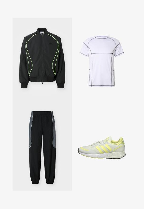 Čierna bombr jacket s neonovo zeleným lemovaním, rebrovanými manžetami a golierom. Má predný zips a bočné vrecko na zips. Vyrobené z ľahkého materiálu.; Biele atletické tričko s krátkym rukávom s čiernym kontrastným prešitím obrysujúcim švy na ramenách, rukávoch, hrudníku, stranách a leme.; Čierne tepláky s tmavošedými bočnými panelmi a bielym lemovaním, elastickým pásom a manžetami, zobrazené na bielom pozadí.; Biele športové topánky s žltými akcentami, s hladkým vrchom, textúrovanou podrážkou a tromi pruhmi na boku pre branding.