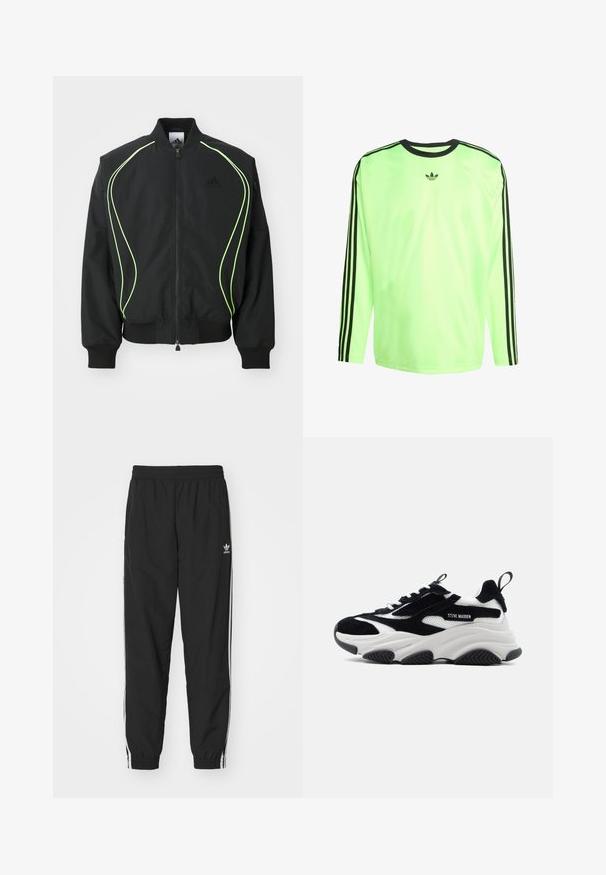 Μαύρο bomber jacket με φωσφορούσα πράσινη ραφή, ριγωτούς κορμούς και γιακά. Διαθέτει φερμουάρ μπροστά και τσέπη με φερμουάρ στο πλάι. Κατασκευασμένο από ελαφρύ υλικό.; Μακρυμάνικη αθλητική μπλούζα σε φθορισμό πράσινο, με μαύρες ρίγες στα μανίκια και μία μαύρη λογότυπο στο στήθος. Απαλή, συνθετική ύφανση.; Μαύρη φόρμα με ελαστική μέση και μανσέτες, με λευκές ρίγες στο πλάι και ένα μικρό λευκό λογότυπο της Adidas στο αριστερό ισχίο.; Ασπρόμαυρο αθλητικό παπούτσι Steve Madden με πάνελ από δίχτυ και σουέντ, χοντρή σμιλευμένη σόλα, μαύρες θηλιές και άσπρα κορδόνια, απεικονισμένο από το πλάι.