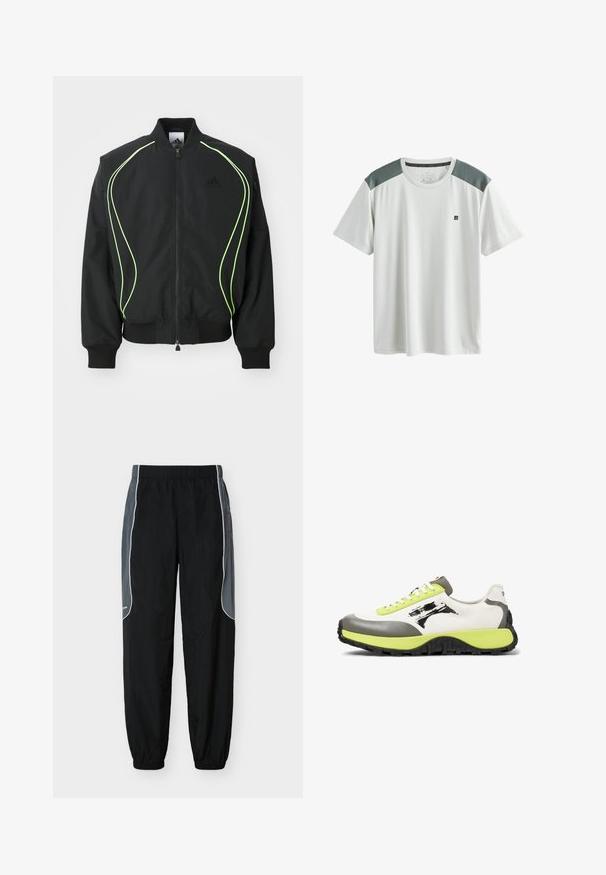 Schwarze Bomberjacke mit neongrüner Paspelierung, gerippten Bündchen und Kragen. Verfügt über einen Reißverschluss vorne und eine seitliche Reißverschlusstasche. Hergestellt aus leichtem Material.; Weißes kurzärmeliges Sport-T-Shirt mit grauen Mesh-Schultereinsätzen und kleinem schwarzem Logo auf der linken Brustseite.; Schwarze Jogginghosen mit dunkelgrauen Seitenpaneelen und weißer Paspelierung, elastischem Bund und Bündchen, vor weißem Hintergrund gezeigt.; Die Sneakers verfügen über ein weißes Obermaterial aus Canvas, graue Gummielemente, neongrüne Schnürsenkel, ein auffälliges Logo und eine strukturierte schwarze Sohle für besseren Grip.