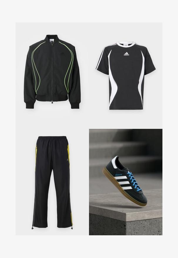 Sort bomberjakke med neongrønne detaljer, ribbede manchetter og krave. Har lynlås foran og sidelomme med lynlås. Lavet af letvægtsmateriale.; Sort kortærmet T-shirt med hvide designdetaljer og Adidas-logo på brystet. Lavet af blødt bomuldsstof med rund hals.; Sorte træningsbukser med gule sideaccenter, elastisk talje og lynlåslommer på siden. Fremstillet af let og glat stof.; Sort Adidas sneaker med hvide striber, blå snørebånd og gummisål, der svæver over gråt betontrin i blødt lys.