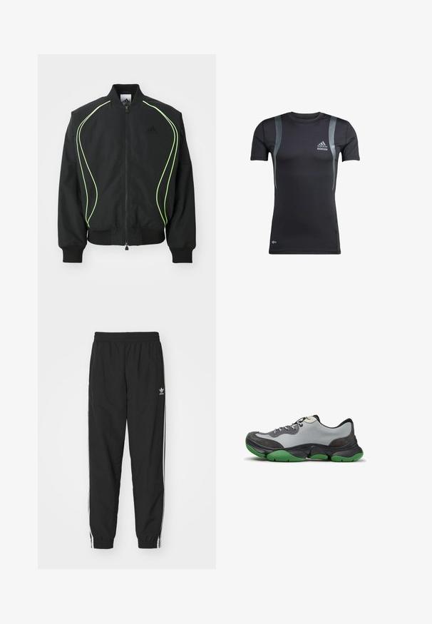 Zwarte bomberjack met neon groene piping, ribgebreide manchetten en kraag. Voorzien van een rits aan de voorkant en een zijzak met rits. Gemaakt van lichtgewicht materiaal.; Zwart sportshirt met korte mouwen en grijze accenten, gemaakt van rekbare stof. Bevat een Adidas-logo op de linkerborst en Techfit-branding.; Zwarte trainingsbroek met een elastische tailleband en boorden, voorzien van witte zijstrepen en een klein wit Adidas-logo op de linkse heup.; Low-top sneaker met een grijze bovenkant, zwarte en donkergrijze panelen, zwarte veters en een dikke zwarte en groene zool.