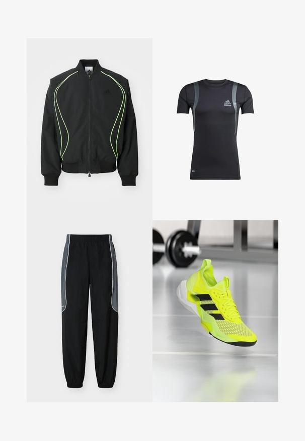Veste bomber noire avec des passepoils vert fluo, des poignets et un col côtelés. Présente une fermeture éclair à l'avant et une poche zippée sur le côté. Fabriquée en matériau léger.; T-shirt de sport noir à manches courtes avec des accents gris, fabriqué en tissu extensible. Présente un logo Adidas sur la poitrine gauche et une marque Techfit.; Pantalon de survêtement noir avec des panneaux latéraux gris foncé et un liseré blanc, taille et poignets élastiques, présenté sur un fond blanc.; Chaussure de sport jaune néon avec des accents noirs, tige en mesh et semelle texturée. Conception légère avec une semelle intermédiaire rembourrée pour un meilleur soutien.