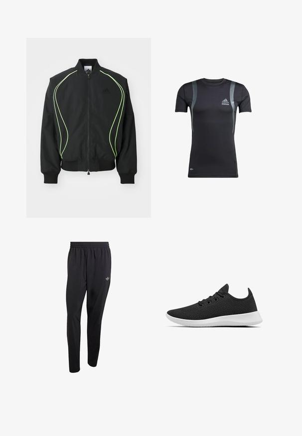 Schwarze Bomberjacke mit neongrüner Paspelierung, gerippten Bündchen und Kragen. Verfügt über einen Reißverschluss vorne und eine seitliche Reißverschlusstasche. Hergestellt aus leichtem Material.; Schwarzes, kurzärmeliges Sportshirt mit grauen Akzenten, aus dehnbarem Material. Mit Adidas-Logo auf der linken Brust und Techfit-Branding.; Schwarze Sporthose aus leichtem Material mit elastischem Bund und einem kleinen eingeprägten Logo im oberen linken Beinbereich.; Allbirds TREE RUNNERS - Sneaker low - jet black white sole