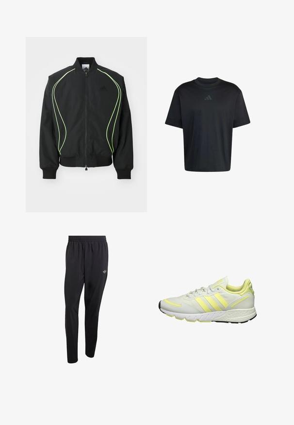 Zwarte bomberjack met neon groene piping, ribgebreide manchetten en kraag. Voorzien van een rits aan de voorkant en een zijzak met rits. Gemaakt van lichtgewicht materiaal.; Zwart T-shirt met korte mouwen en een rond halsje met een subtiel donkergrijs Adidas-logo in het midden van de borst.; Zwarte sportbroek gemaakt van lichtgewicht materiaal, voorzien van een elastische tailleband en een klein reliëflogo op het bovenste gedeelte van het linkerbeen.; Witte sportschoen met gele accenten, met een gladde bovenkant, een gestructureerde zool en drie strepen aan de zijkant voor branding.