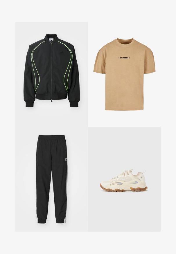 Sort bomberjakke med neongrønne detaljer, ribbede manchetter og krave. Har lynlås foran og sidelomme med lynlås. Lavet af letvægtsmateriale.; Beige bomulds t-shirt med korte ærmer og rund halsudskæring. Har "2Y STUDIOS" i fed sort tekst på fronten. Glat tekstur.; Sorte træningsbukser med elastisk talje og manchetter, med hvide sidelister og et lille hvidt Adidas-logo på venstre hofte.; Beige sneakers med mesh og syntetiske overlays, gummisål, tekstureret mellemsål og lysblå detaljer. Snøring med løkke ved hælen.