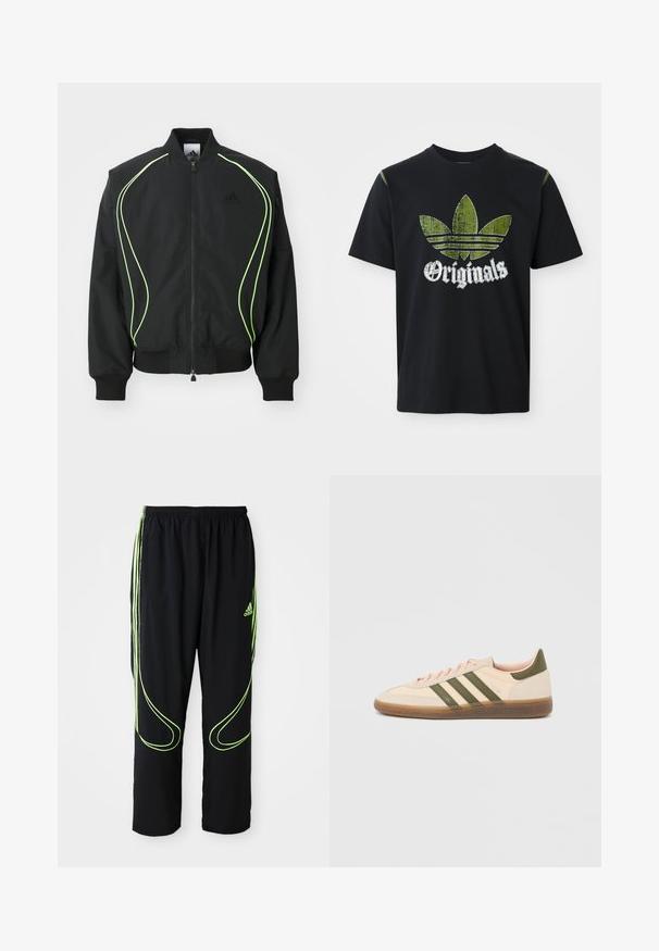 Schwarze Bomberjacke mit neongrüner Paspelierung, gerippten Bündchen und Kragen. Verfügt über einen Reißverschluss vorne und eine seitliche Reißverschlusstasche. Hergestellt aus leichtem Material.; Schwarzes Baumwoll-T-Shirt mit einem abgenutzten grünen Grafikdesign, das drei Streifen zeigt, sowie dem Wort "Originals" darunter in Weiß. Rundhalsausschnitt, kurze Ärmel.; Schwarze Adidas Sportpants mit neongrünen, gebogenen Linien und drei Streifen an den Seiten, elastischem Bund und Adidas-Logo am Vorderoberschenkel.; Flacher, beigefarbener Adidas Spezial Sneaker mit grünen Streifen, Gummisohle und "SPEZIAL" Schriftzug an der Seite, von der Außenseite gezeigt.
