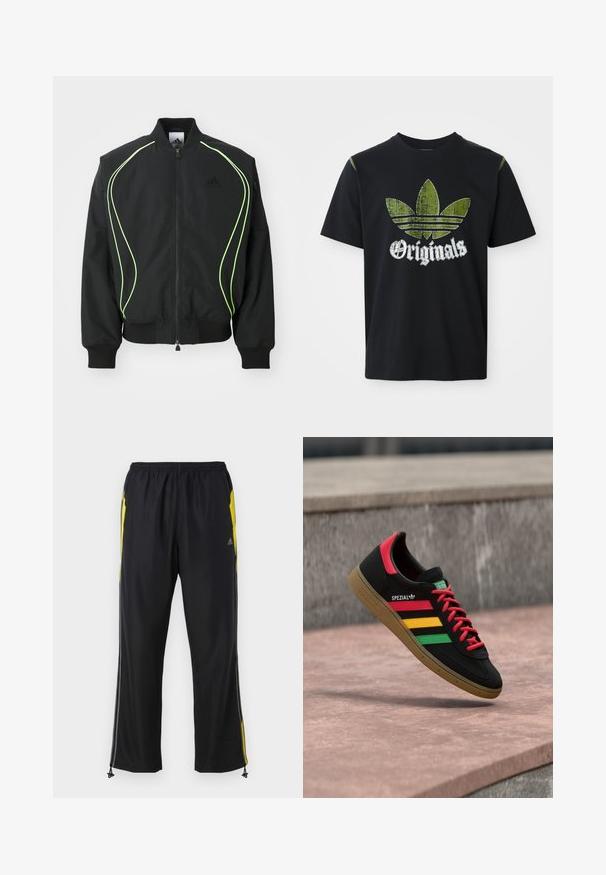 Sort bomberjakke med neongrønne detaljer, ribbede manchetter og krave. Har lynlås foran og sidelomme med lynlås. Lavet af letvægtsmateriale.; Sort bomulds T-shirt med et slidt grønt grafik med tre striber og ordet "Originals" nedenfor i hvidt, rund halsudskæring, korte ærmer.; Sorte træningsbukser med gule sideaccenter, elastisk talje og lynlåslommer på siden. Fremstillet af let og glat stof.; Sort Adidas Spezial-sneaker med røde, gule og grønne striber, røde snørebånd, gummisål og rødt hældetalje, vist svævende over fortovet.