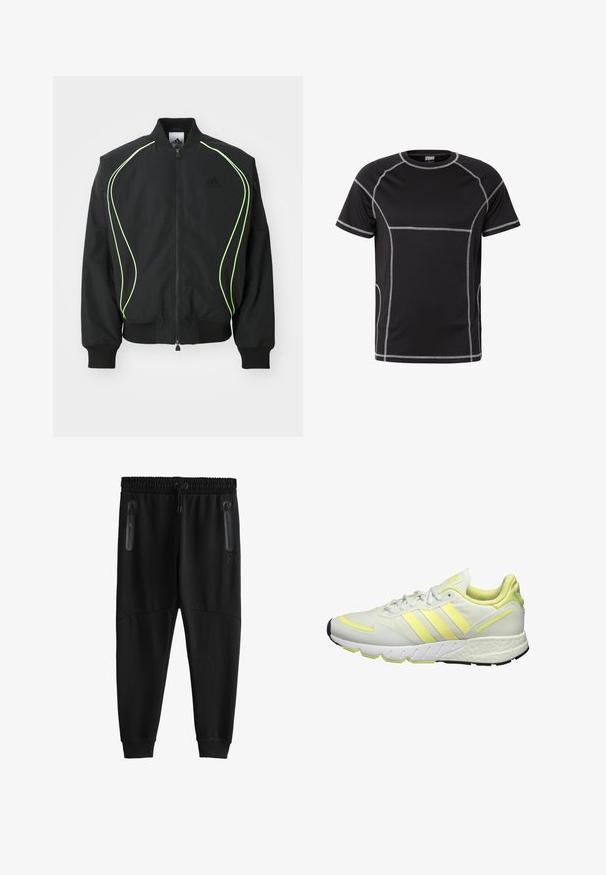 Schwarze Bomberjacke mit neongrüner Paspelierung, gerippten Bündchen und Kragen. Verfügt über einen Reißverschluss vorne und eine seitliche Reißverschlusstasche. Hergestellt aus leichtem Material.; Schwarzes kurzärmeliges Sportshirt mit kontrastierenden weißen Flatlock-Nähten und rundem Halsausschnitt, dargestellt vor weißem Hintergrund.; Schwarze, schmal zulaufende Jogginghosen mit elastischem Bund, verstellbarem Kordelzug, seitlichen Reißverschlusstaschen und Bündchen an den Knöcheln.; Weiße Sportschuh mit gelben Akzenten, ausgestattet mit einem glatten Obermaterial, einer strukturierten Sohle und drei Streifen an der Seite zur Markenkennzeichnung.