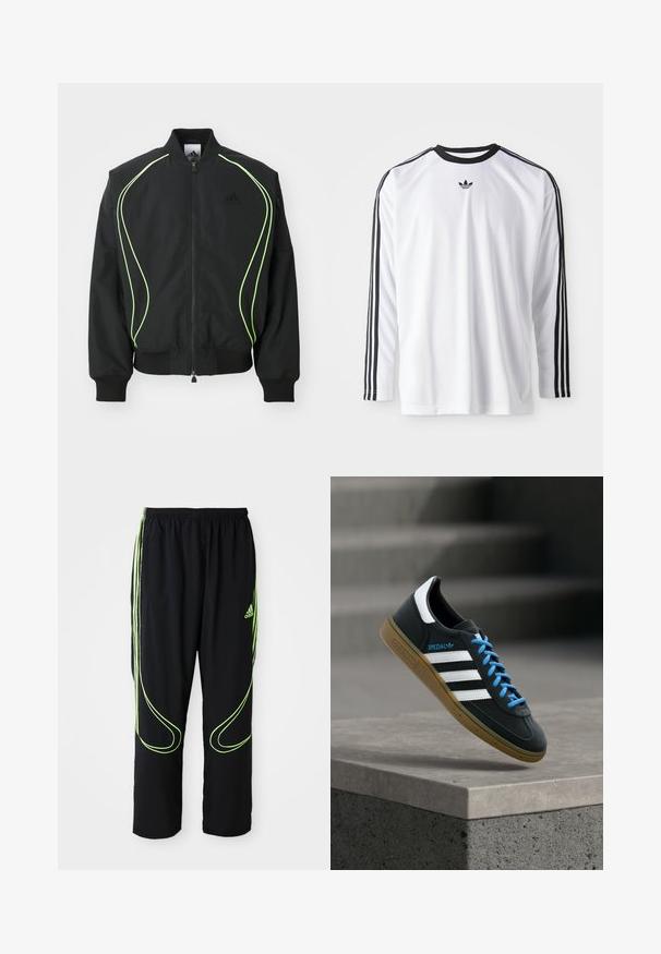 Veste bomber noire avec des passepoils vert fluo, des poignets et un col côtelés. Présente une fermeture éclair à l'avant et une poche zippée sur le côté. Fabriquée en matériau léger.; Chemise blanche à manches longues en tissu doux avec des accents noirs, présentant trois rayures noires le long des manches et un petit logo noir.; Pantalons de sport noirs Adidas avec des lignes courbes vert fluo et trois bandes sur les côtés, ceinture élastique et logo Adidas sur la cuisse avant.; Baskets Adidas noires avec des rayures blanches, des lacets bleus et une semelle en gomme flottant au-dessus d'une marche en béton grise sous une lumière douce.