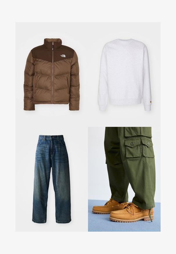 Veste matelassée marron avec fermeture éclair à l'avant, col haut et une accentuation marron plus foncé au niveau des épaules. Comprend le logo sur la poitrine gauche.; Sweatshirt gris clair avec un col rond, des manches longues, des poignets côtelés et un petit logo brodé près de l'ourlet. Fabriqué en tissu doux.; Jean en denim bleu taille large avec une finition délavée. Comprend cinq poches, une fermeture à bouton et des coutures contrastées. Tissu de poids lourd.; Timberland AUTHENTIC 3 EYE - Chaussures bateau - wheat