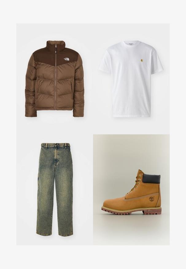 Bruine pufferjas met een rits aan de voorkant, een hoge kraag en een donkerdere bruine accent bij de schouders. Inclusief het logo op de linkerborst.; Witte katoenen t-shirt met korte mouwen en ronde hals, voorzien van een klein gouden logo op de linkerkant van de borst. Zachte textuur en een normale pasvorm.; Baggy denim jeans in een vervaagde blauwe en groene was. Heeft een knoopsluiting, riemlussen en zijzakken. Vlakke voorkant en rechte pijpen.; Bruine leren enkellaars met zwarte kraag, gele veters en een zandkleurige zool. Voorzien van een logo en witte stikseldetails. Robuuste loopzool met grip.