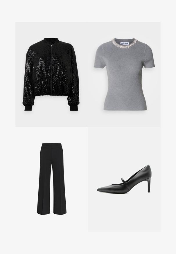 Veste bomber noire ornée de paillettes, avec fermeture éclair à l'avant, col et poignets côtelés, et coupe courte.; T-shirt gris à manches courtes côtelé avec un col rond orné de strass argentés et transparents, présentant une coupe ajustée et une texture lisse.; Pantalons noirs à jambe large avec une taille haute, fabriqués dans un tissu lisse, présentant un design épuré et ajusté, sans quincaillerie ni poches visibles.; Escarpin noir en cuir à bout pointu avec une fine bride et une boucle sur le cou-de-pied, posé sur un fond clair neutre.