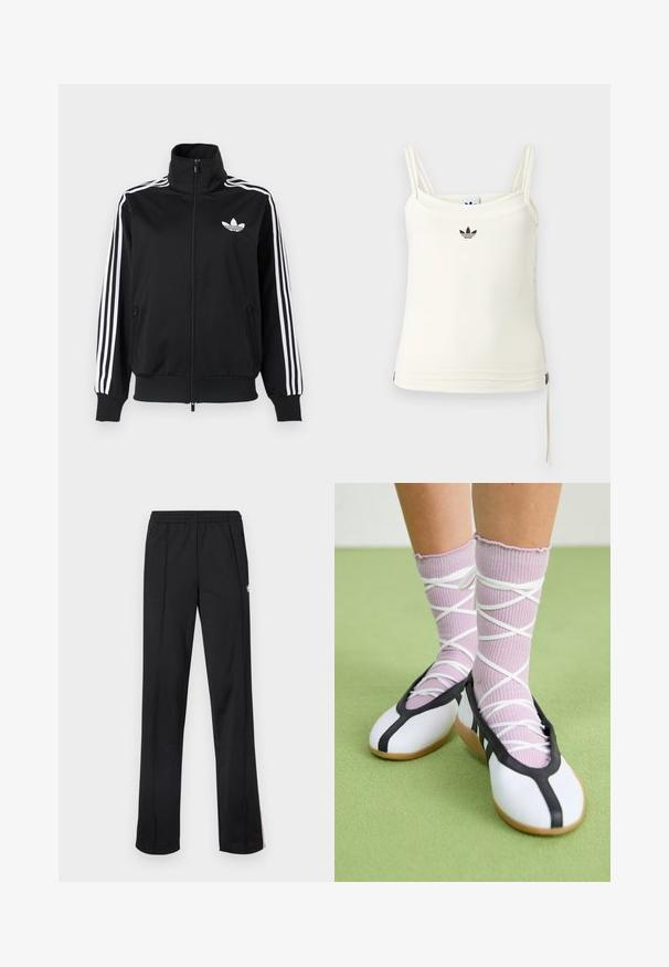 Black zip-up jacket made of smooth fabric, featuring white three-stripe accents on sleeves and a small white logo on the chest.; Cream tank top with thin straps; Adidas logo in black at chest. Smooth fabric with a drawstring detail at the hem. Simple design.; Black athletic pants with an elastic waistband, straight legs, and white logo detail on the side. Made from lightweight, smooth fabric.; Legs wearing ribbed lavender socks with white crisscross straps paired with white ballet flats featuring black trim on green floor.